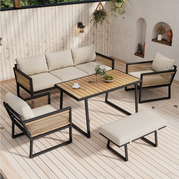 Merax Gartenlounge-Set mit geflochtenen Seil-Armlehnen, (5-tlg, Sitzgruppe Gartengarnitur Terrassenmöbel), Gartenmöbel Set aus verzinktem Eisen, Tischplatte aus Kunststoffholz