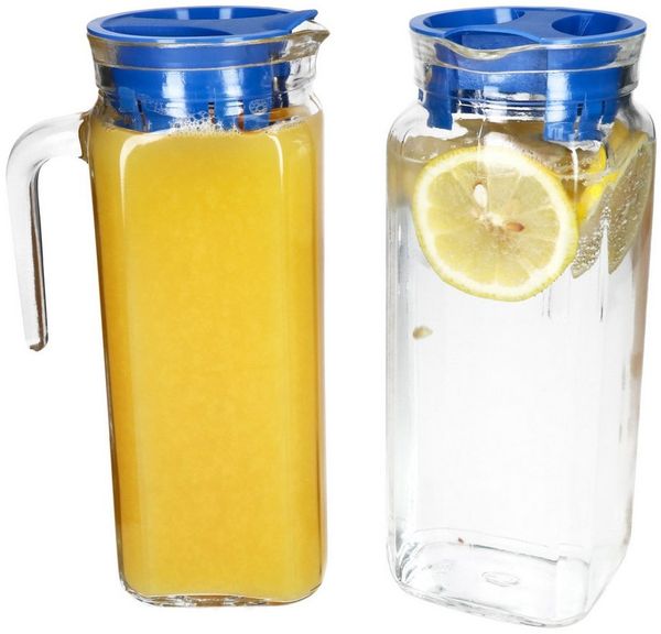 MamboCat Karaffe 2x KARO Kühlschrankkrug mit Deckel blau 1L Henkel Glas-Karaffe Kanne