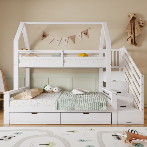 Bett 90x200 & 140x200 cm mit Treppenschrank und Schubladen – weißes Etagenbett mit Dachdesign