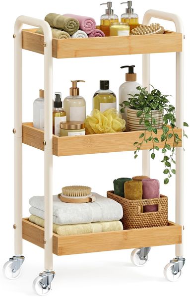 SONGMICS Rollwagen, Servierwagen, Küchenwagen, Küchenregal mit Griffen, einfacher Aufbau, für Schlafzimmer, Badezimmer, Küche, Stahlgestell, 27,5 x 41,3 x 73 cm, naturbeige LRC081YL01