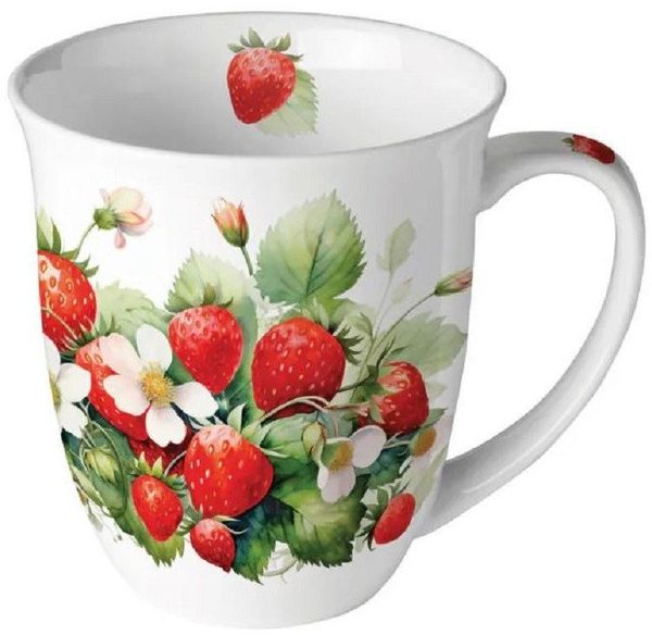 Ambiente Luxury Paper Products Becher Porzellan Mug Kollektion Planzen,Tiere, Vogel, 1-tlg, Porzellan Tasse Planze, Erdbeeren / Themen : Essen - Trinken, Herbst, Winter, Frühling, Tee/Kaffee Tasse-, Ideal Als Geschenk