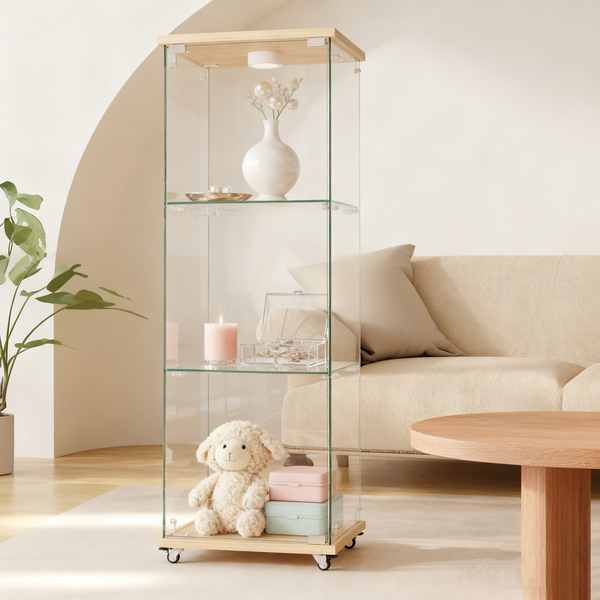 Flieks Glasvitrine mit LED, Standvitrine gehärtetes Glas, 2 Einlegeböden, 3 Ebenen, mit Tür & Rollen, Holzoptik, H120×B42.5×T36.5 cm, Naturholzfarbe