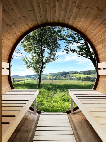 Sentiotec Kaski 180 View Fasssauna Außensauna Gartensauna aus Thermo-Kiefer Ø 220 x 180 cm Bild 4