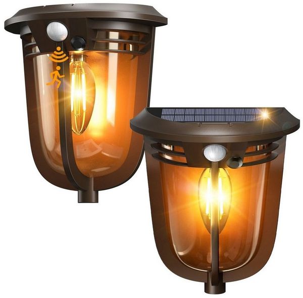 Elegear Außen-Wandleuchte 2 Stück Solarleuchte mit Bewegungsmelder, LED Gartenleuchten, Außenbeleuchtung, LED wechselbar, Warmweiß, Solar Wandleuchte für Wand, Flur & Garten, IP54 wasserdicht
