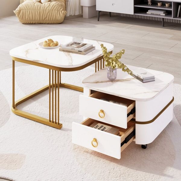 Merax Couchtisch Set mit goldenen Metallrahmen und Schubladen, mit ausziehbarer Tischplatte, Satztisch mit Stauraum, Kaffeetisch