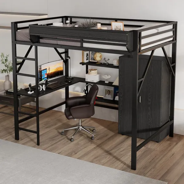 Hochbett mit Schreibtisch, Kleiderschrank und Regal, 140x200cm, Metallbett mit Rausfallschutz, Jugendbett, Kinderbett