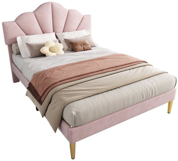Flieks Polsterbett, Samt Doppelbett mit höhenverstellbarem Muschel-Form-Kopfteil 140x190cm