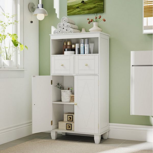 COSTWAY Badkommode, Badezimmerschrank mit 2 Türen & 2 Schubladen 56x30x108cm