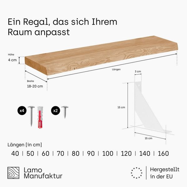 LAMO Manufaktur Wandregal mit weißem Vintage Regalträger 40 cm, Komplett-Set, 40mm stake Massivholzplatte