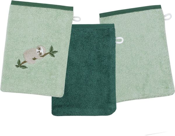Wörner Waschhandschuh Faultier Waschhandschuh 3er Set, (3-St), 1x mit Stickerei Faultier, 2x unifarben