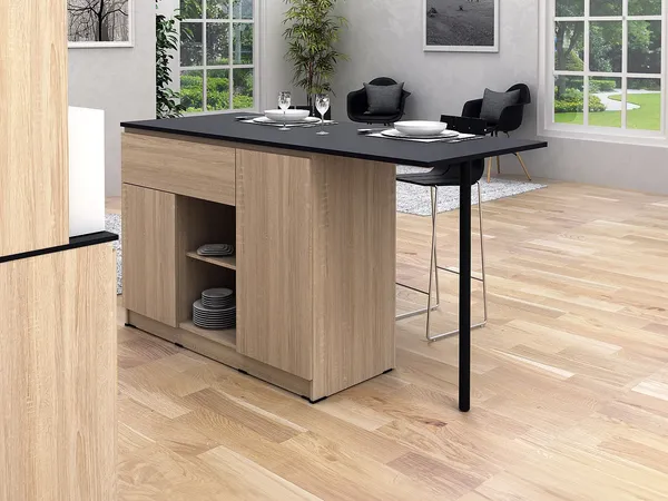 Vente-unique - TUNORI Küchenmöbel Holz, Platte SchwarzBeige - B 70 cm x H 90,5 cm x L 169,8 cm