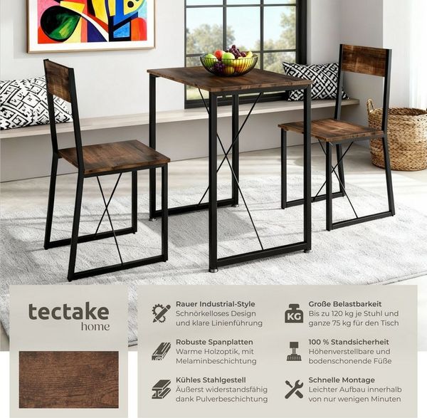 tectake Sitzgruppe Essgruppe 3-teilig, mit höhenverstellbaren Kunststofffüßen, (Loungeset Margate, 3-tlg, in Industrial Holz dunkel, rustikal), Esstisch mit 2 Stühlen, Industrial Style, Holz und Stahl