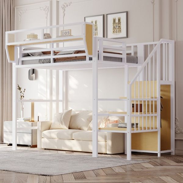 MODFU Hochbett Funktionsbett Kinderbett (90x200 cm mit Regal & Sicherheitsleiter, Platzsparendes Metallbett, für Kinder, Jugendliche & kleine Wohnungen) ohne Matratze