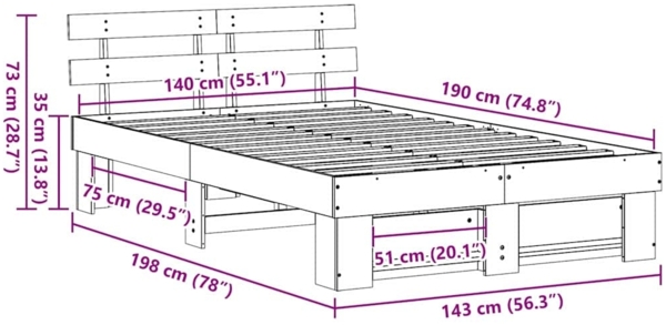 vidaXL Bettrahmen mit Kopfteil Braun 140 x 190 cm Massives Kiefernholz 872488 Bild 9