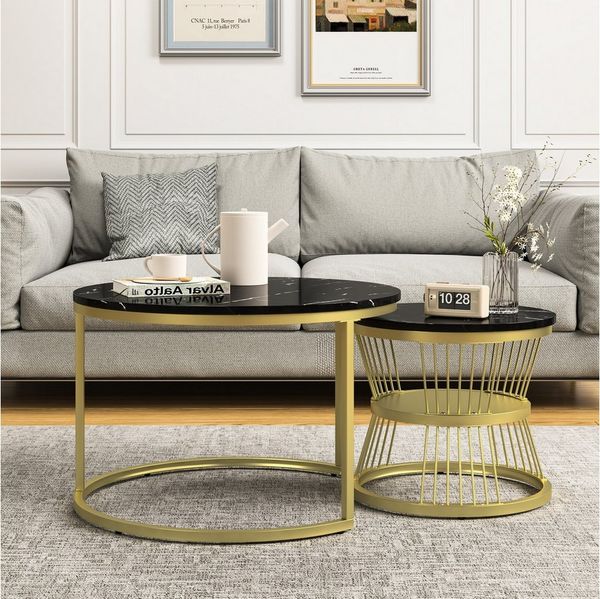 Furnishings Home Couchtisch 2er-Set runde Beistelltische aus Holz & Metall (2-St), Moderne Kaffeetische für Wohnzimmer Schlafzimmer