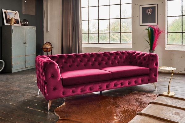 KAWOLA Sofa NARLA Chesterfield 3-Sitzer Velvet rot 68 x 84 x 219 cm