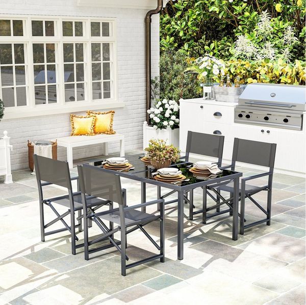 Outsunny Garten-Essgruppe für 4 Personen, mit 4 klappbar Stühlen, Glastisch, (Gartenmöbel-Set aus Stahl, 5-tlg, Sitzgruppe), für Terrasse, Balkon Grau