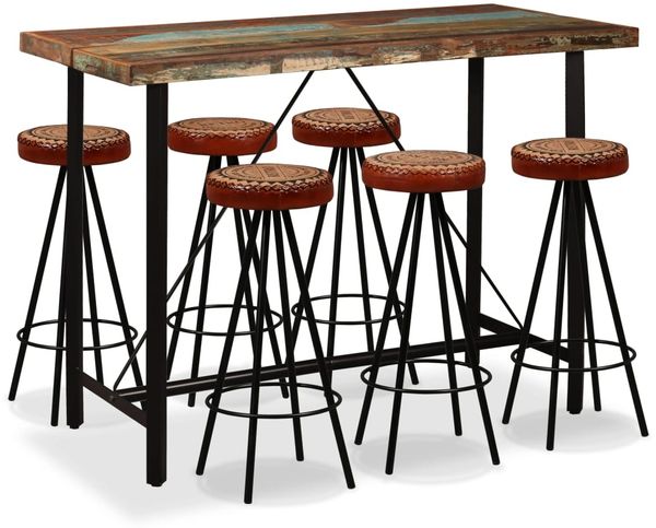 vidaXL 7-tlg. Bar-Set Altholz Massiv, Echtleder und Canvas 275147
