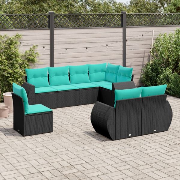 vidaXL 8-teiliges Gartensofa-Set mit Kissen, schwarzes Polyrattan 3221636