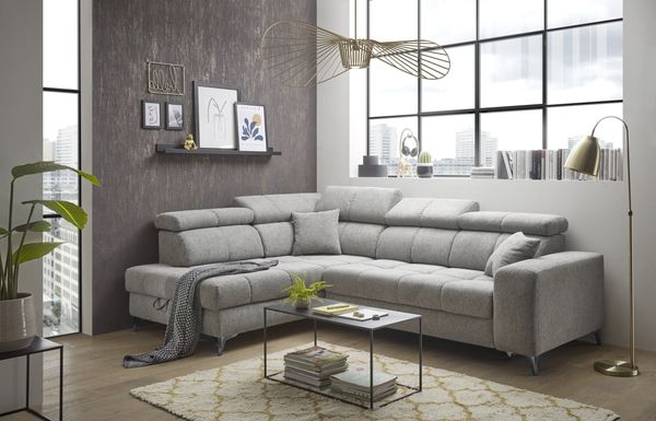 Ecksofa >SYDNEY< Elektrische Sitztiefenverstellung, 5 verstellbare Kopfstützen, Bettkasten, Bezugsstoff "taupe" - 282x105x198 (BxHxT)