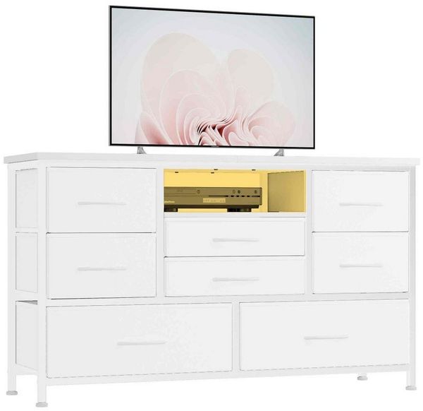GarveeMore TV-Schrank Breites Sideboard Mehrzweckschrank Kommode mit 8 tiefen Schubladen Media-Board Stauraumschrank mit Steckdose, USB-Anschluss und RGB-LED