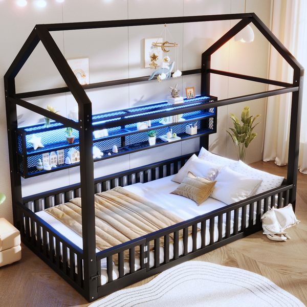 Hausbett aus Metall mit Zaun & LED-Beleuchtung, 90x200 cm, Schwarz, ohne Matratze