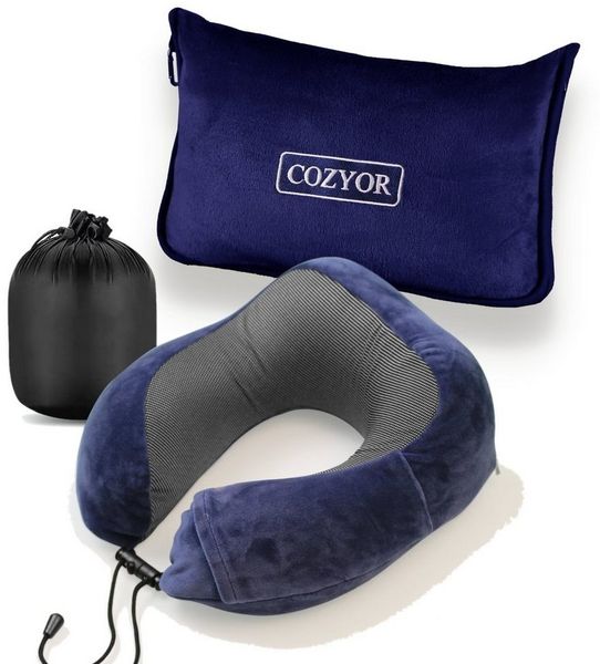 Cozyor Nackenstützkissen Memory Nackenkissen mit verstellbarem Verschluss + praktischer Tasche, Bezug: waschbarer Bezug, Spar-Set, Reise-Set mit Reisedecke & Nackenkissen wahlweise mit Augenmaske