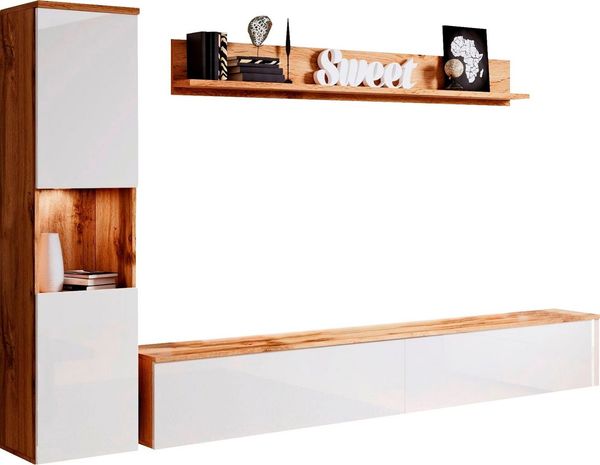 OTTO home Wohnwand PARIS, Vitrine Türanschlag links/rechts wechselbar, (Komplett-Set, 3-St), grifflose Design, stehend und hängend montierbar