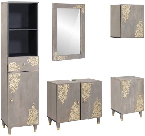 vidaXL Badezimmerschrank-Set Wandmontiert 5 pcs Grau Massivholz Mango 3310156