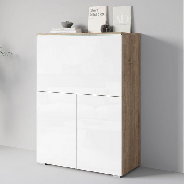 Home affaire PC-Schrank Vera, Sekretär, Home-Office-Schreibtisch mit LED-Beleuchtung (1 St), Multifunktional mit Stauraum, klappbare Tischfläche, LED, B 90 cm