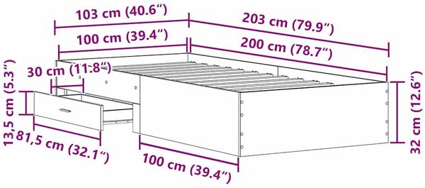 vidaXL Bettrahmen mit Schubladen Altholz 100 x 200 cm Holzwerkstoff 3333981 Bild 10