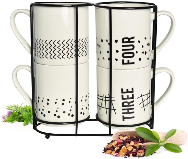 4 Kaffeebecher 300ml aus Porzellan mit Metallständer Kaffeetassen Becher Tasse Mug