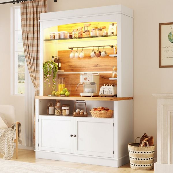 Flieks Küchenbuffet mit LED-Beleuchtung, Gläserhalter und Ablagen (1-St, 107 x 43 x 184 cm) Hochschrank Küchenschrank Buffetschrank mit Stauraum Weiß