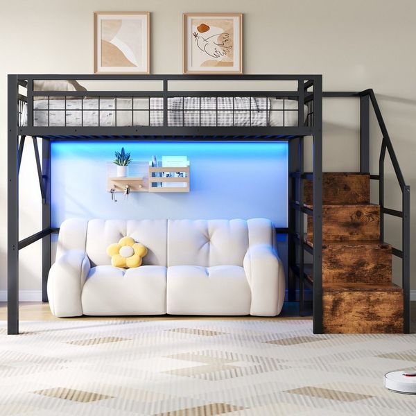 Flieks Hochbett Kinderbett Metallbett 140x200cm mit LED-Lichtleiste und Stauraumtreppe