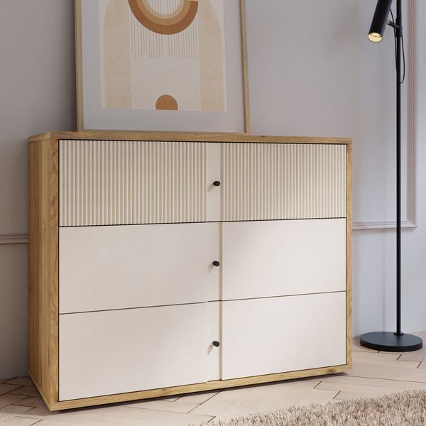 Forte RANKIN Kommode 100 110, Kommode mit 3 Schubladen, Modernes Sideboard, Wohnzimmerkommode, Mauvella Eiche Holzdekor / Sand, 104,8 cm breit x 83,1 cm hoch x 42 cm tief