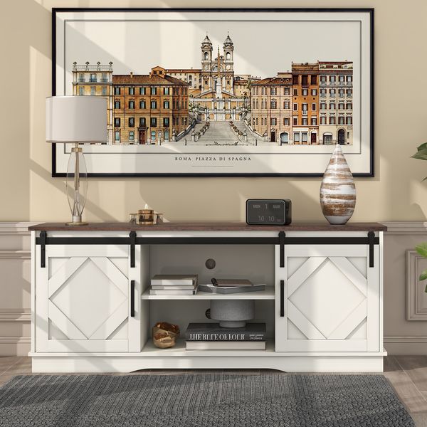 TV-Schrank 150 x 40 x 60 cm in Braun/Weiß, mit Schiebetüren und verstellbaren Einlegeböden