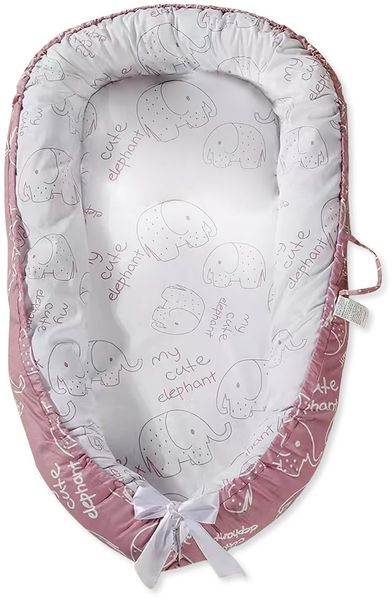 SONARIN Tragbares Babynest Neugeborene,Weiches Atmungsaktives Baby Nestchen Kuschelnest,Reisebett Kokon für Baby Säuglinge,mit Reversible 100% Baumwolle Bezug,88x53 cm(Rosa-Elefant)