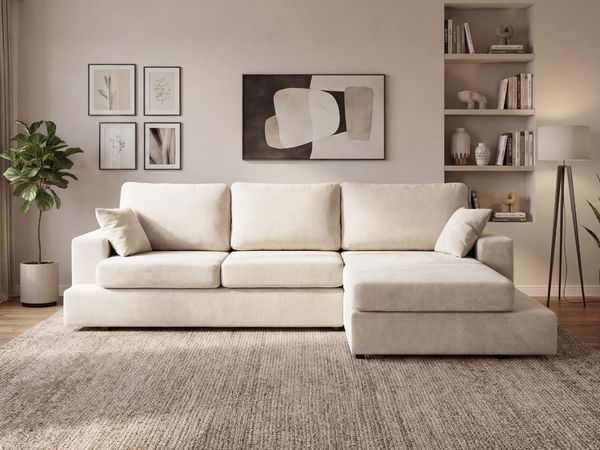 GRAINGOLD Ecksofa Nesto, Couch L-Form fürs Wohnzimmer, Modern Stil, Chenille-Stoff, Creme, Rechts