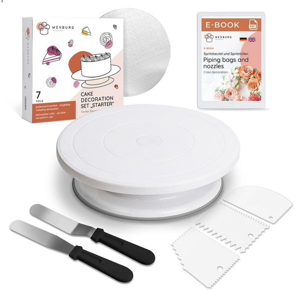 Wenburg Drehbare Tortenplatte, Tortendeko Set zum Backen - Backutensilien Backzubehör für Torten - Kuchen Drehteller, Winkelpaletten, Teigschaber, Tortendrehscheibe, Konditorei Zubehör (Set Starter)