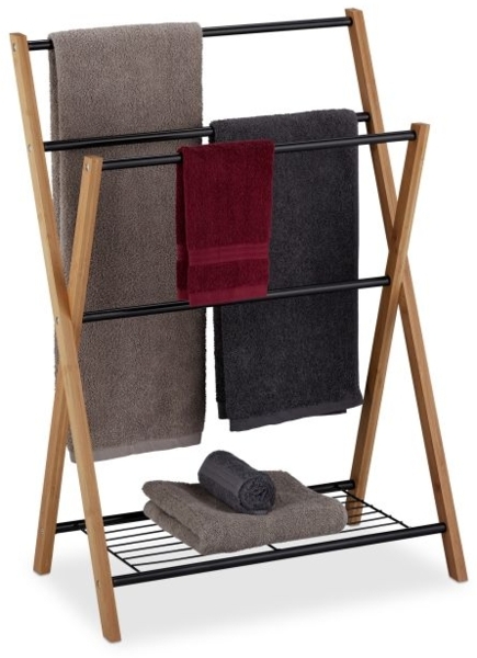 Relaxdays stehender Handtuchhalter mit Ablage, Bambus / Metall, natur / schwarz, 60,5 x 37,5 x 87 cm