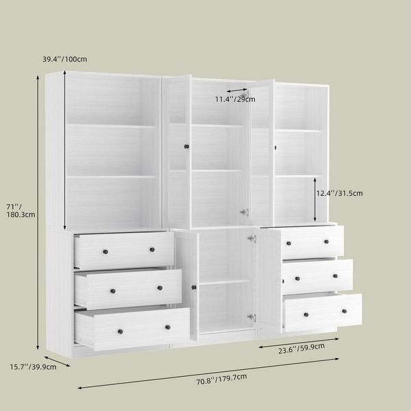 VOWNER Bücherregal 5-stöckiges Bücherregal mit Glastüren, 180 cm Vitrinenschrank, 3-tlg, multifunktionaler Küchenschrank Hochschrank & Buffetschrank