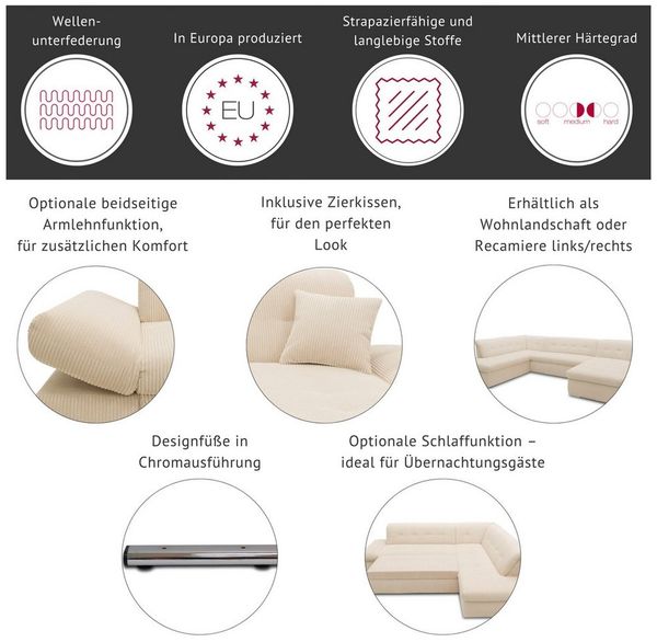 DOMO collection Ecksofa Moric, L-Form, XXL-Sofa - Breite 300cm, viel Platz, auch in Cord, wahlweise mit Bettfunktion und Armteilverstellung, eiblau-grau Bild 3
