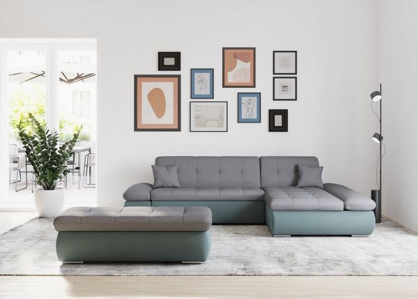 DOMO collection Ecksofa Moric, L-Form, XXL-Sofa - Breite 300cm, viel Platz, auch in Cord, wahlweise mit Bettfunktion und Armteilverstellung, eiblau-grau
