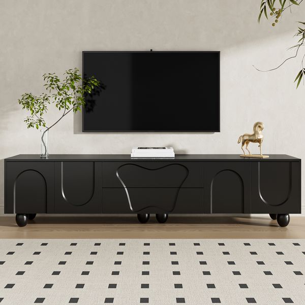 TV-Schrank mit Holzbeinen & Stauraum, 180x40x42 cm, Schwarz