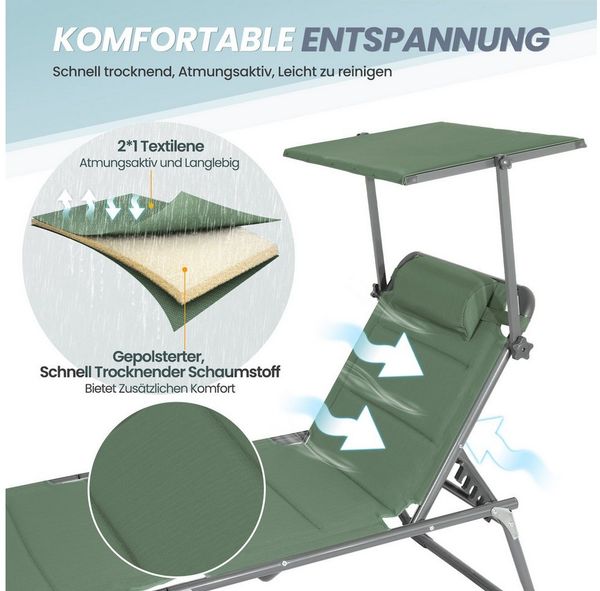 HOMECALL Gartenliege Sonnenliege AluLiege Liegestuhl Strandliege Liegen, klappbar, Textilene Mit Dickem Schwamm, Verstellbare Rückenlehne, Sonnenblende, Kopfpolster, bis 180KG