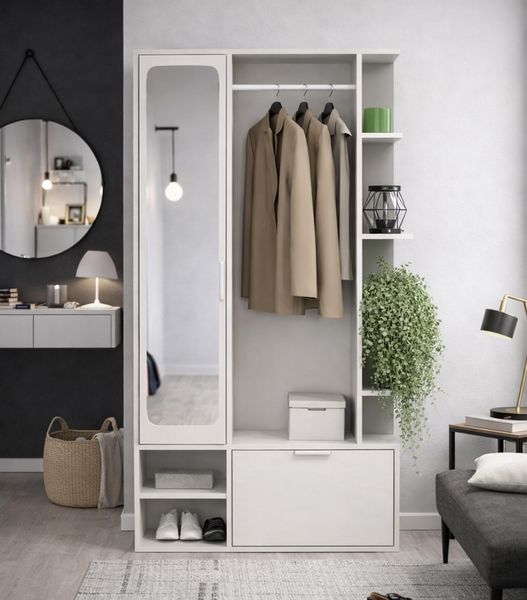 AX LIVING Garderobe Nemrut Weiß mit Spiegel – Flurmöbel mit Stauraum