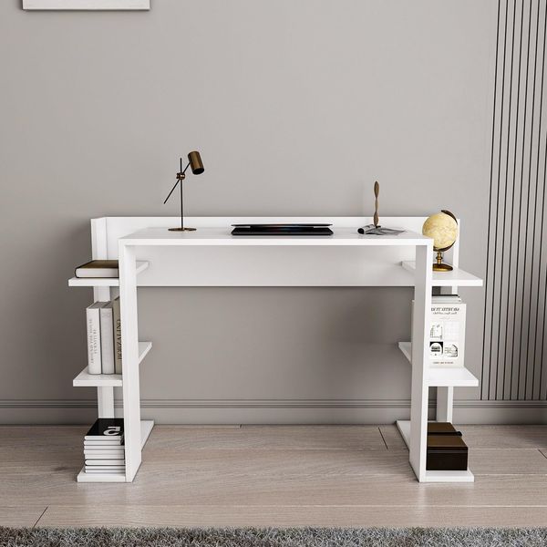 Modern Study Desk, White, 122.7 x 77 x 45 cm | 100% Melamine Coated Particle Board, 18 mm Thick | Stylish & Functional for Home Office & Study