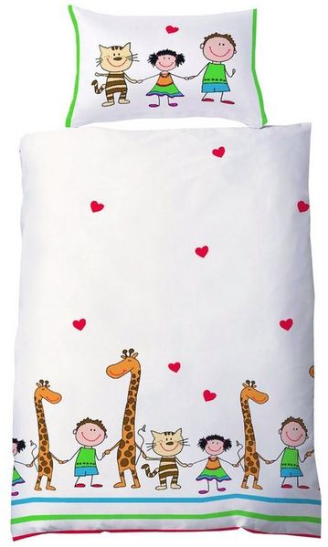 JACK Kinderbettwäsche 100x135 cm Giraffen und Katzen Hand in Hand Fleuresse, Renforcé, 2 teilig, süßes Kindermotiv mit Freunden und Herzen