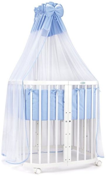 Waldin Babybett aus Holz 7in1 mit Matratze, mitwachsendes Kinder-Bett, belüftet, Boden 5-fach verstellbar, All-Inclusive-Set Holz weiß, Stoffe blau