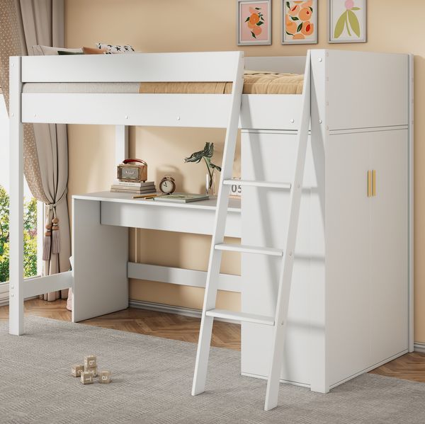 Kinder-Hochbett aus Massivholz mit Schreibtisch & Kleiderschrank, 90x200 cm, Weiß, ohne Matratze